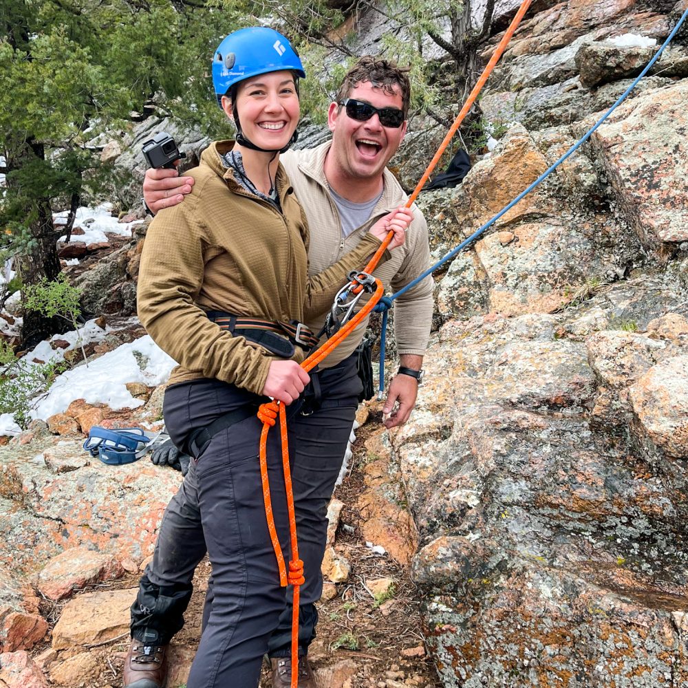 Belaying a new climber during an introductory rock climbing course.